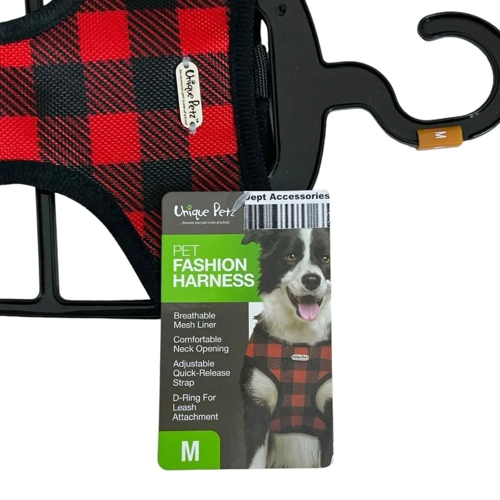 Unique Petz Dog Harness Red Black Tartan Plaid Comfy Adjustable Size Medium